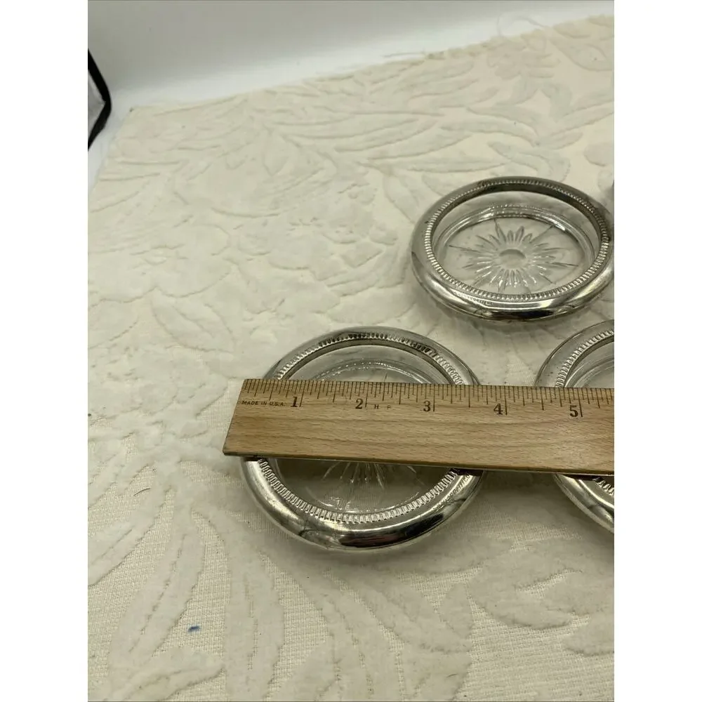 Vintage Leonard Silver Plated Coasters (3) Crystal Glass Sunburst 3.75” Diameter